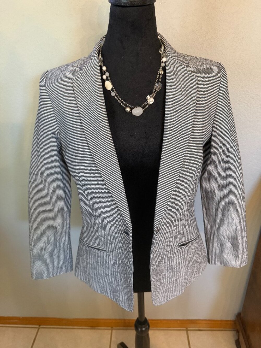 MNG Black White Striped Blazer 3/4 Sleeve One Button Jacket Size 8